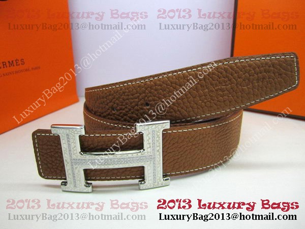 Hermes Calf Leather Diamond Belt HB118 Brown Silver Hermes Calf Leather Diamond Belt HB118 Brown Silver