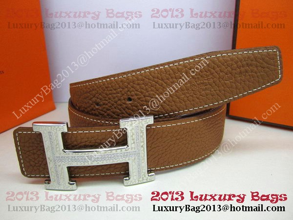 Hermes Calf Leather Diamond Belt HB118 Brown Silver Hermes Calf Leather Diamond Belt HB118 Brown Silver