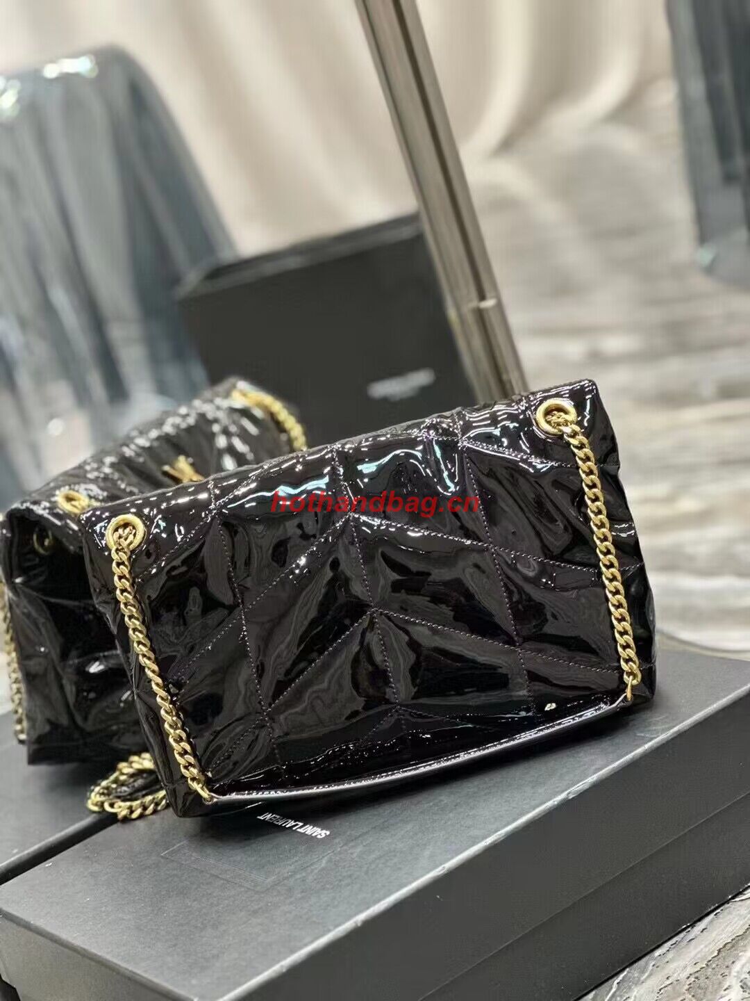 SAINT LAUREN PUFFER SMALL CHAIN BAG IN QUILTED PATENT Y777476 black