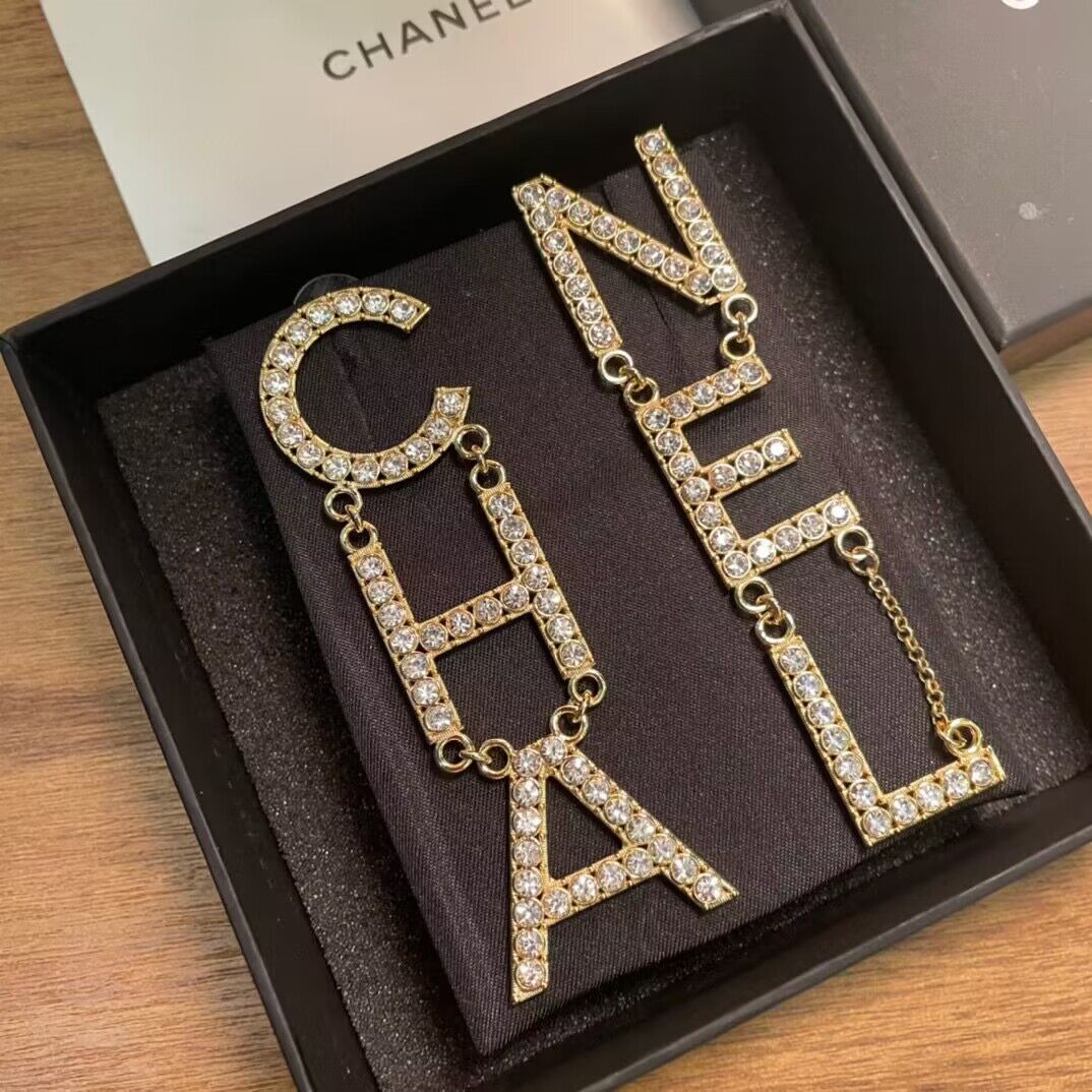 Chanel Crystal Leather Logo Statement Dangle Earrings CE50312 Gold Chanel Crystal Leather Logo Statement Dangle Earrings CE50312 Gold
