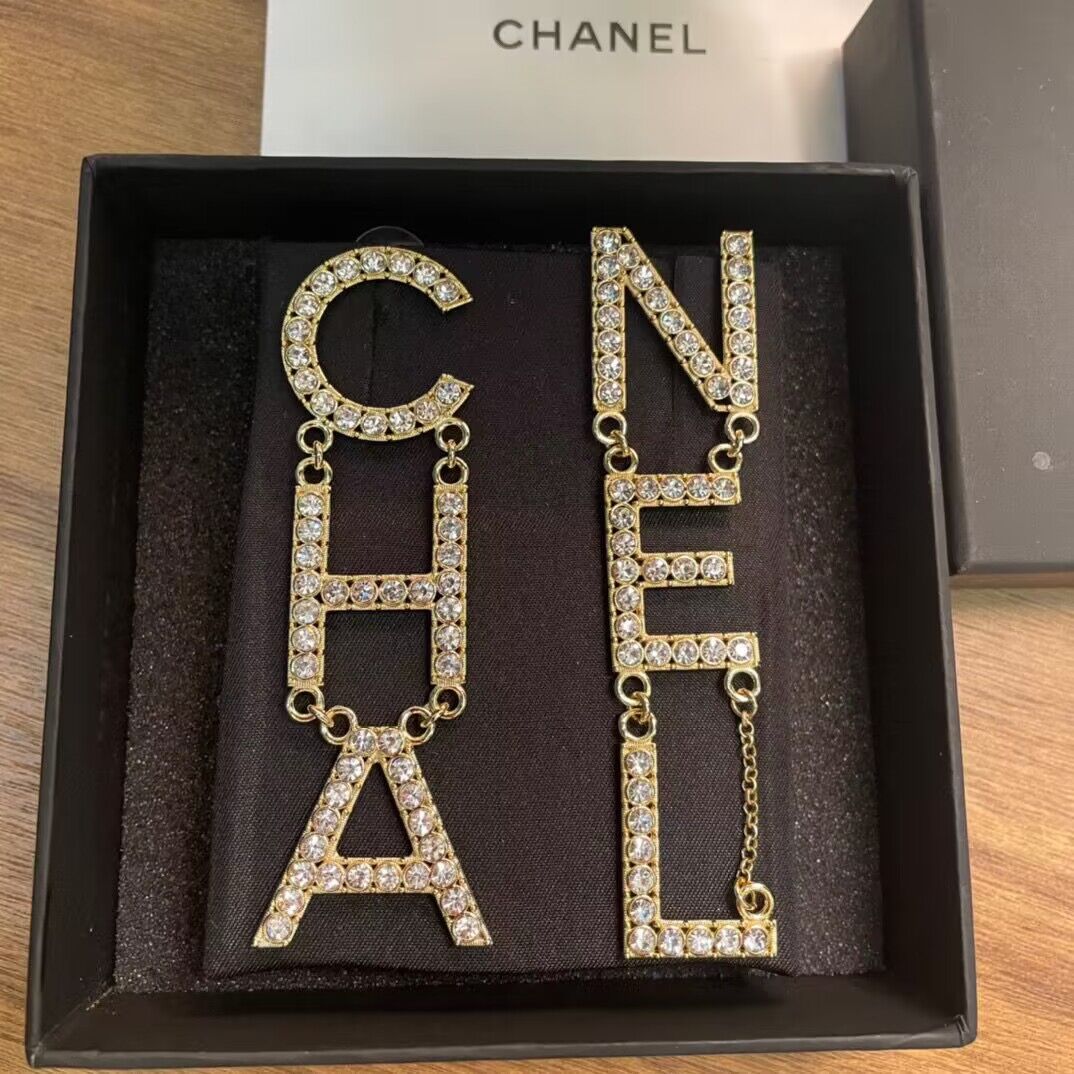Chanel Crystal Leather Logo Statement Dangle Earrings CE50312 Gold Chanel Crystal Leather Logo Statement Dangle Earrings CE50312 Gold