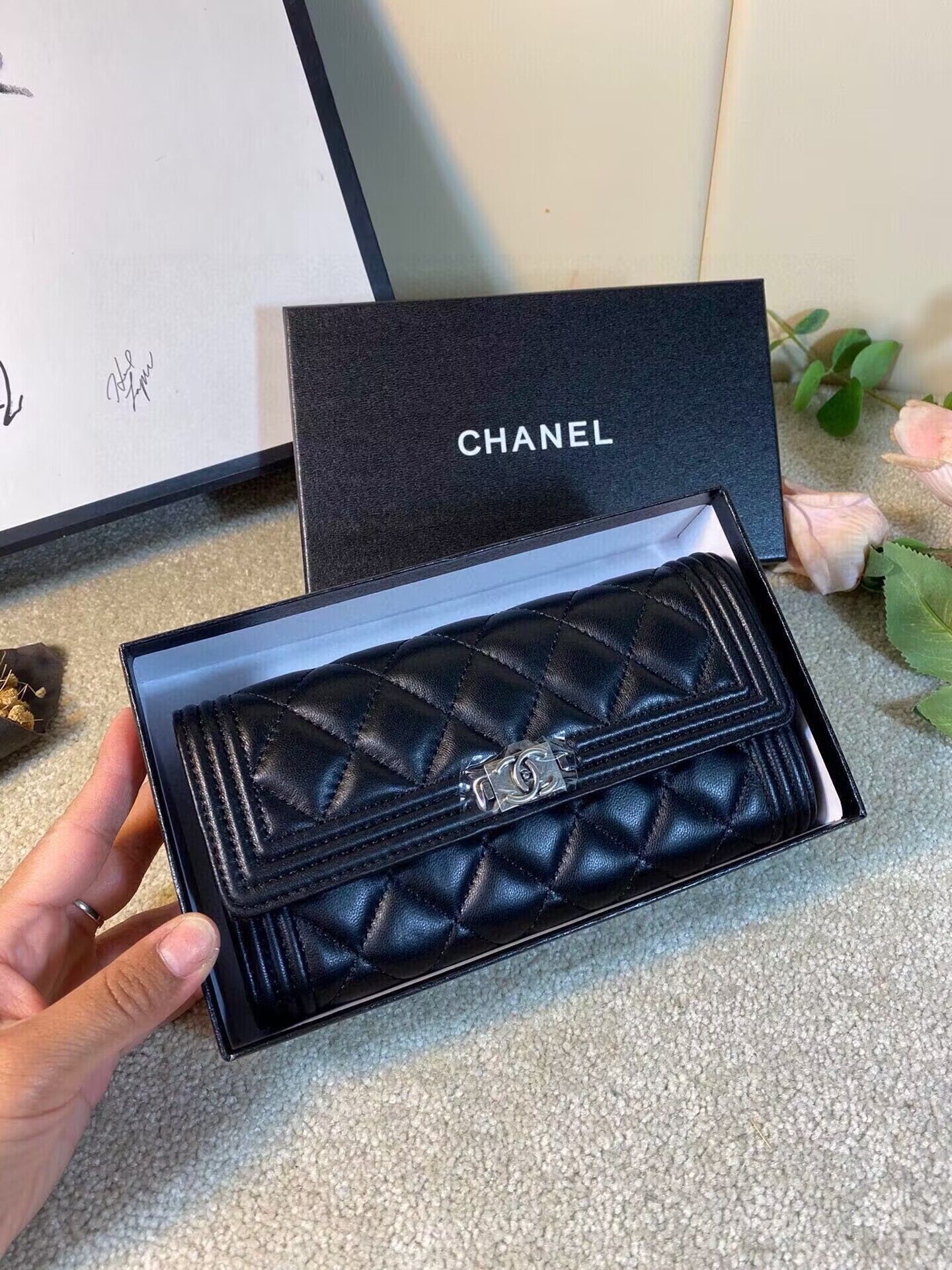 Chanel Boy Matelasse Long Wallet Black Sheepskin CHA5263 Silver Chanel Boy Matelasse Long Wallet Black Sheepskin CHA5263 Silver