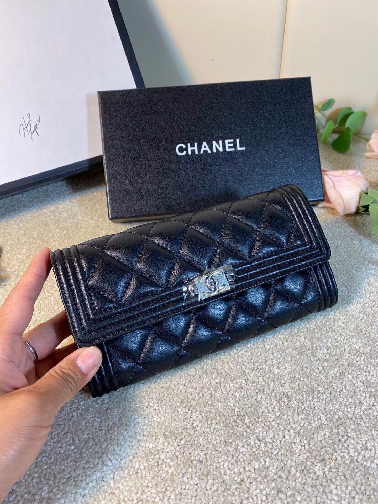 Chanel Boy Matelasse Long Wallet Black Sheepskin CHA5263 Silver Chanel Boy Matelasse Long Wallet Black Sheepskin CHA5263 Silver