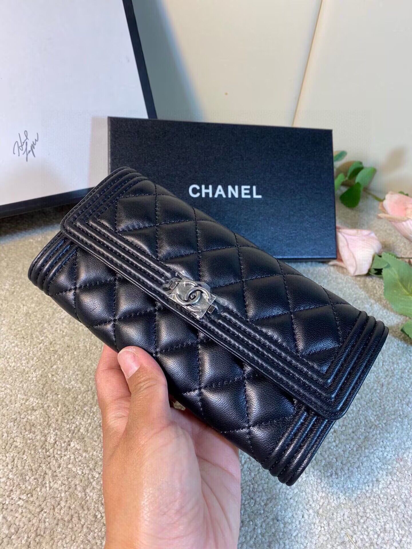Chanel Boy Matelasse Long Wallet Black Sheepskin CHA5263 Silver Chanel Boy Matelasse Long Wallet Black Sheepskin CHA5263 Silver