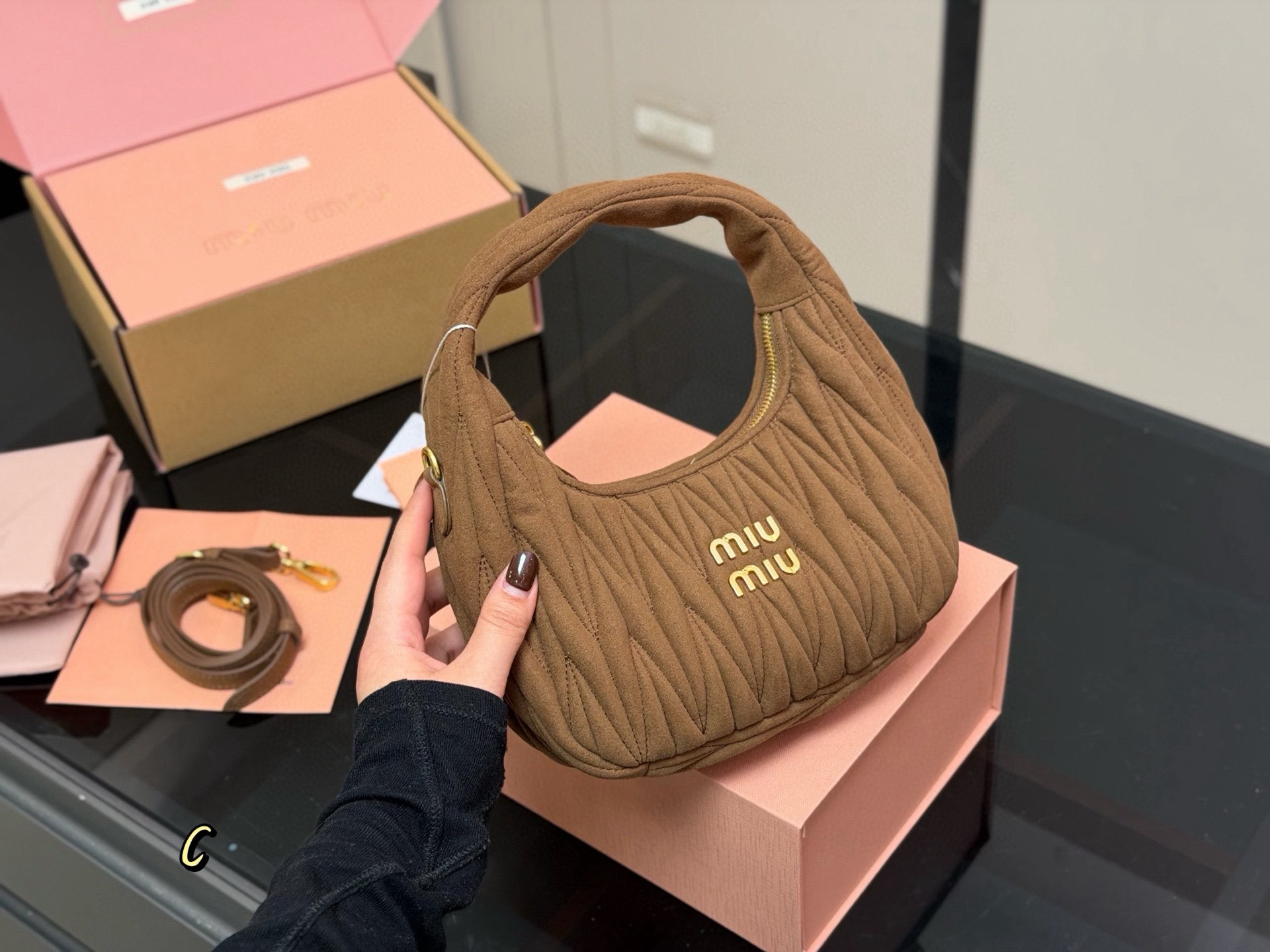 Miu Miu Women Wander Matelasse Suede Top Handle Bag MM63201 Dark Brown