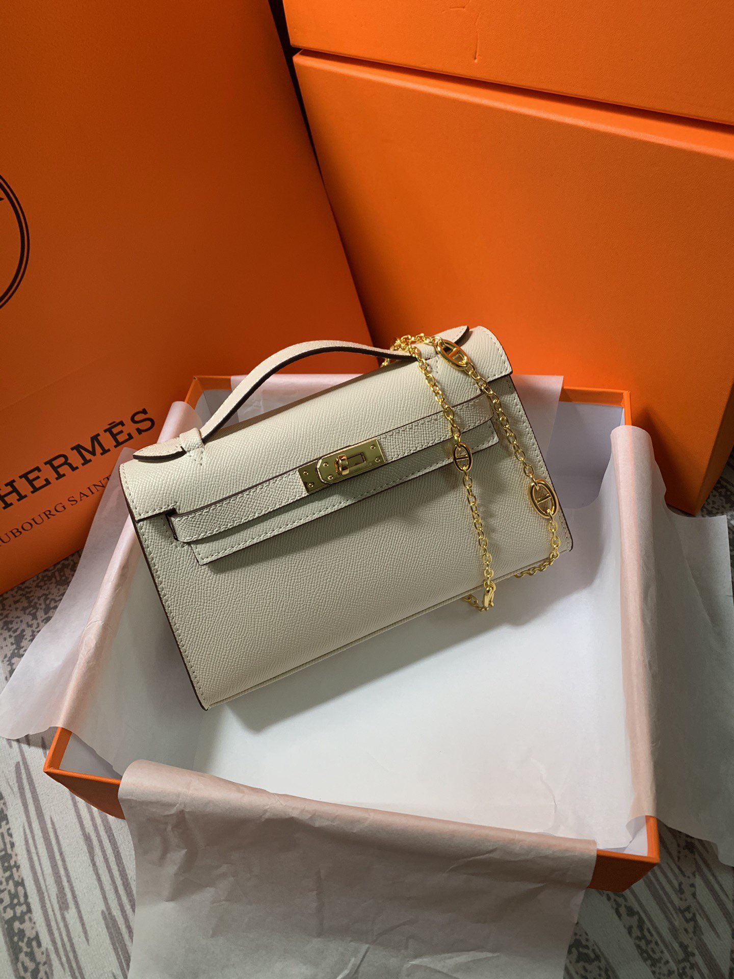 Hermes MINI Kelly 22cm Tote Bag Epsom Leather K22 Cream