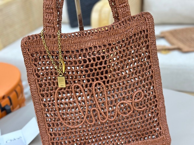 Chloe SUMMER straw and leather tote bag 0824P brown