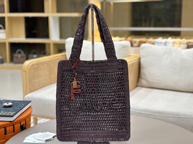 Chloe SUMMER straw and leather tote bag 0824P dark brown