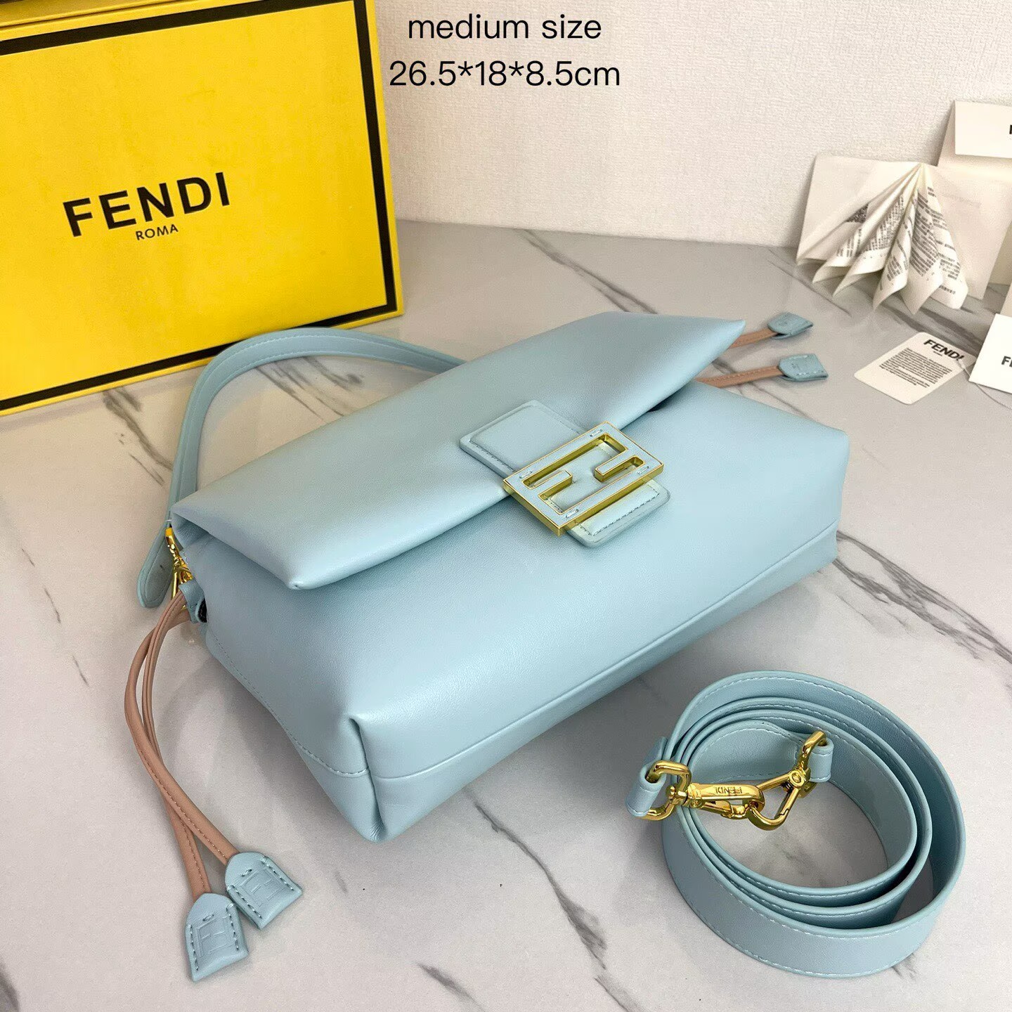 FENDI 2025 Mamma Baguette Original Leather Medium Bag FF8851 Light Blue